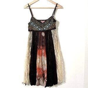 Vtg Y2K Papaya Patchwork Babydoll Dress Brown Beaded Lace Festival Eclectic Boho